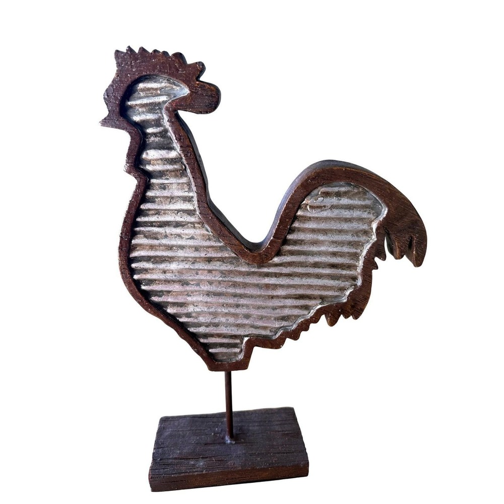 Rustic Farmhouse Metal Rooster Distressed Wood Base Table Decor Iron Farm Chic